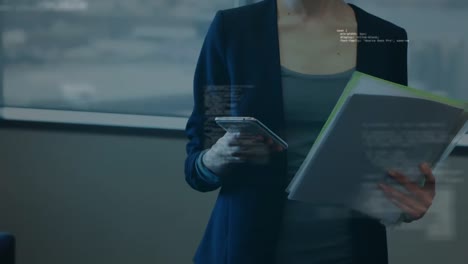 animation of businesswoman using smartphone with globe of network connections and data processing