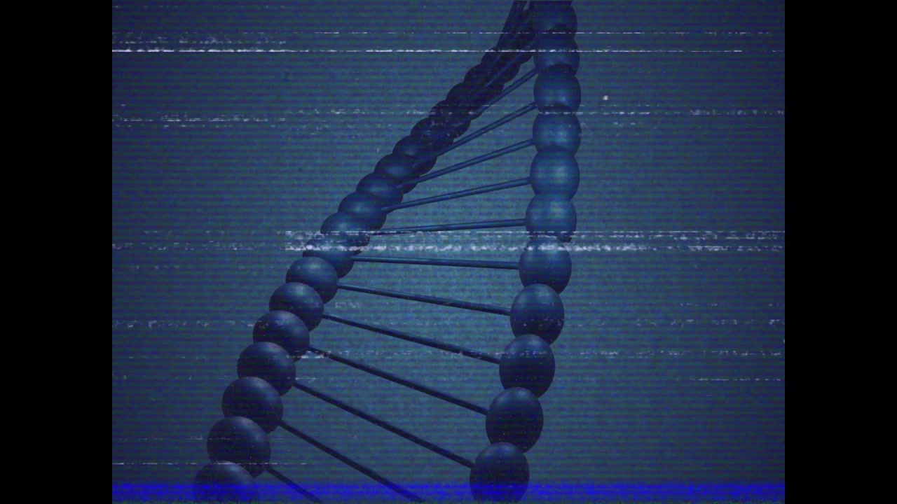 Double helix rotating and drifting upward after glitch pulse, tightening coil, revealing lower end