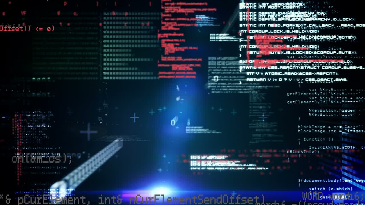 Animation of light trails over data processing on black background