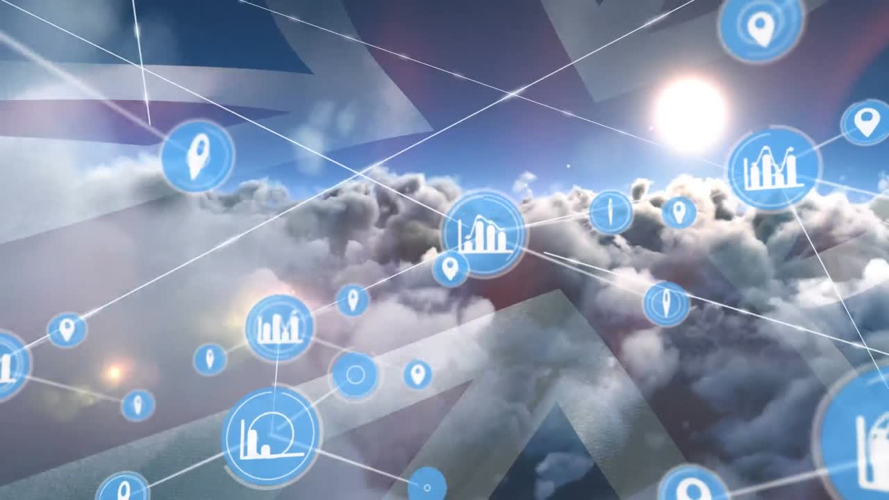 영국  ⁇ 발과 구름 위의 그래프와 함께 아이콘의 연결 네트워크의 애니메이션