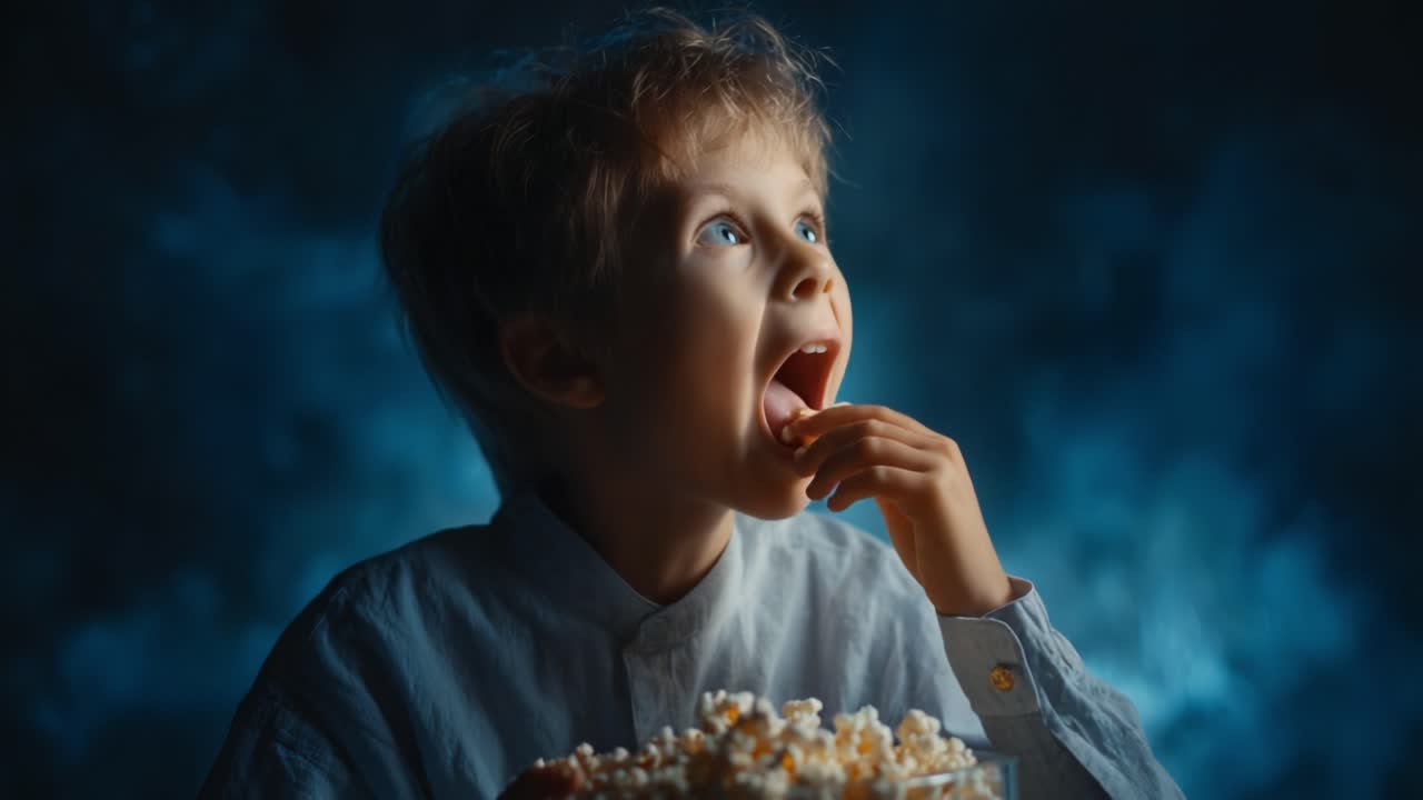 Captivated by the Moment: A Young Boy Enjoys Popcorn in a Softly Lit Atmosphere, Lost in Thought and Anticipation of the Story Unfolding Before Him