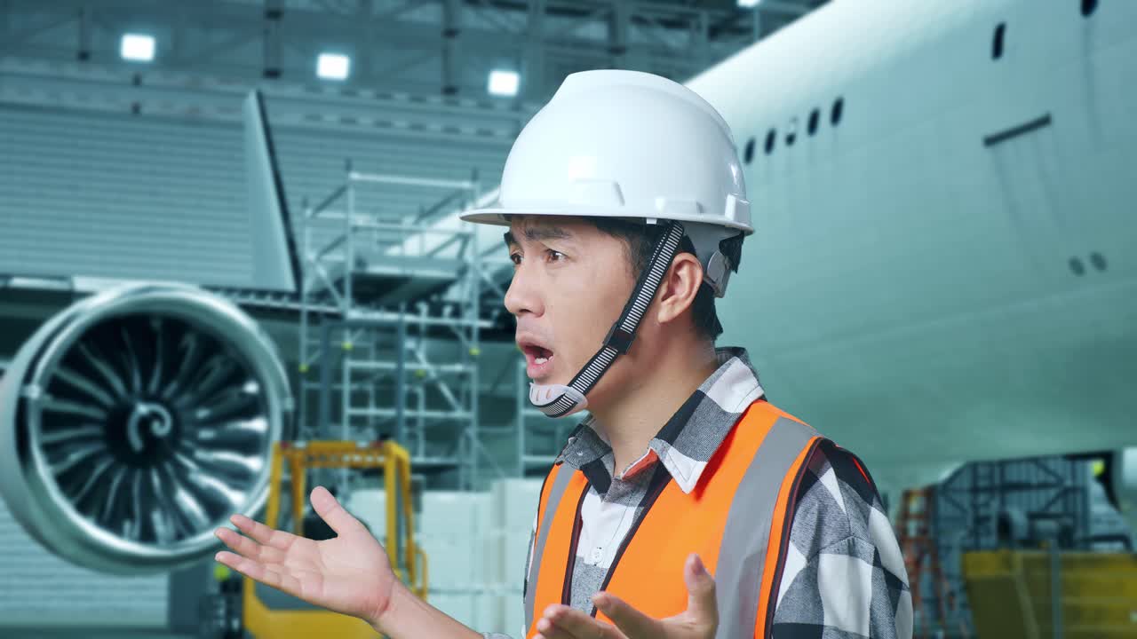 안전 헬을 착용한 아시아 남성 엔지니어가 거에 있는 항공기와 함께 서서, 항공기 유지보수 과정에서 왜 의심스럽게 일하는지 궁금해하고 말하고 있습니다.