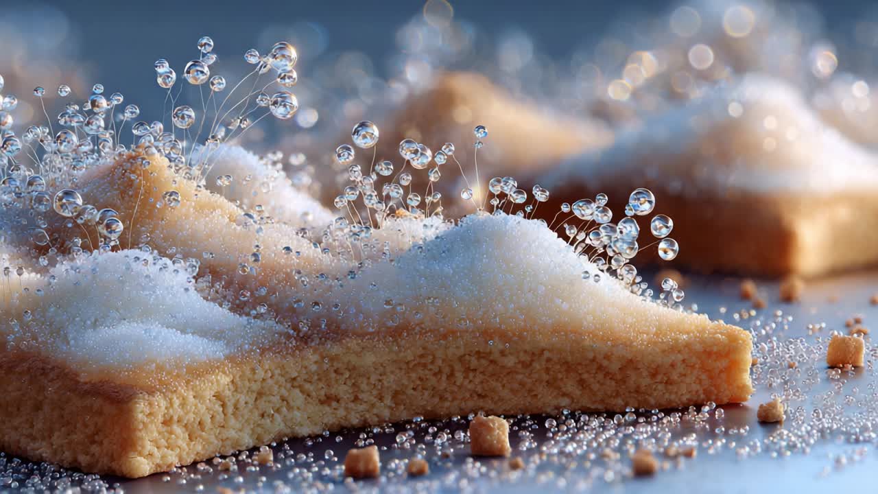 Intricate Close-Up of a Decorative Pastry Topped with Sugar Crystals and Glimmering Water Droplets, Showcasing a Delightful Culinary Creation in Stunning Detail