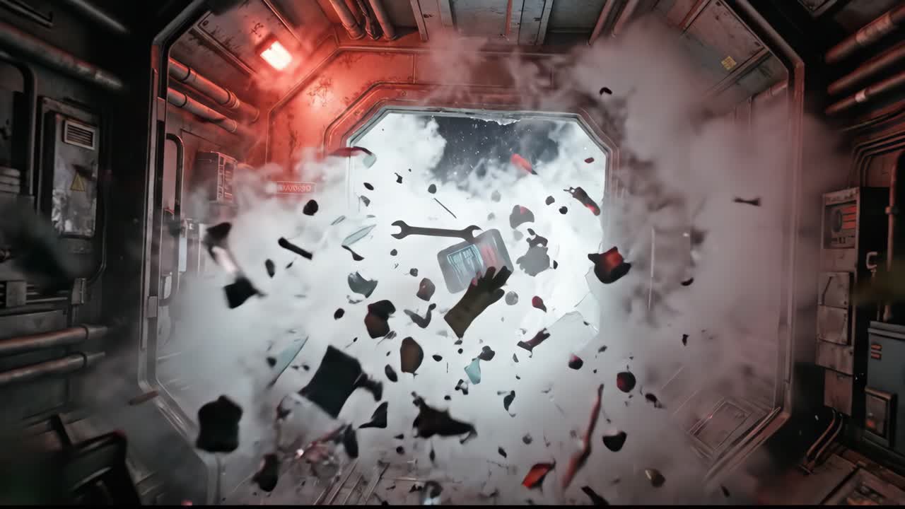 宇宙飞船舷窗爆炸，残骸和工具飞向太空