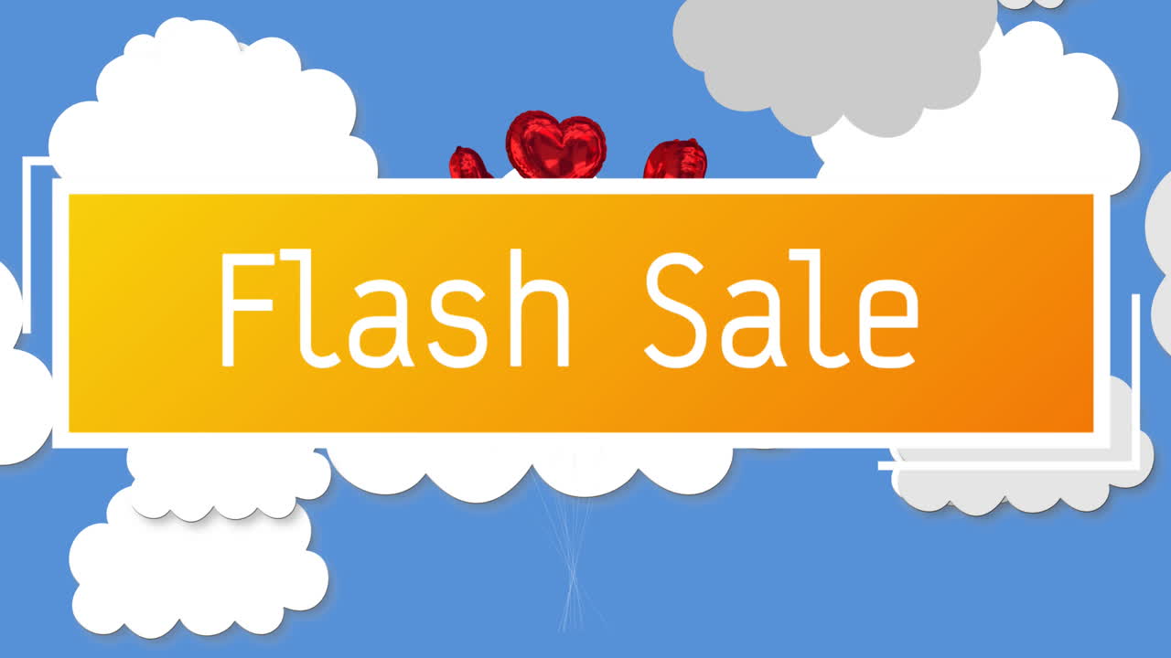 파란 하늘에서 떠다니는  ⁇ 은 심장 풍선에 대한 노란색 배너에 플래시 판매 텍스트