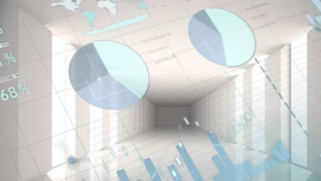 animation of statistical data processing over grid network against empty office corridor