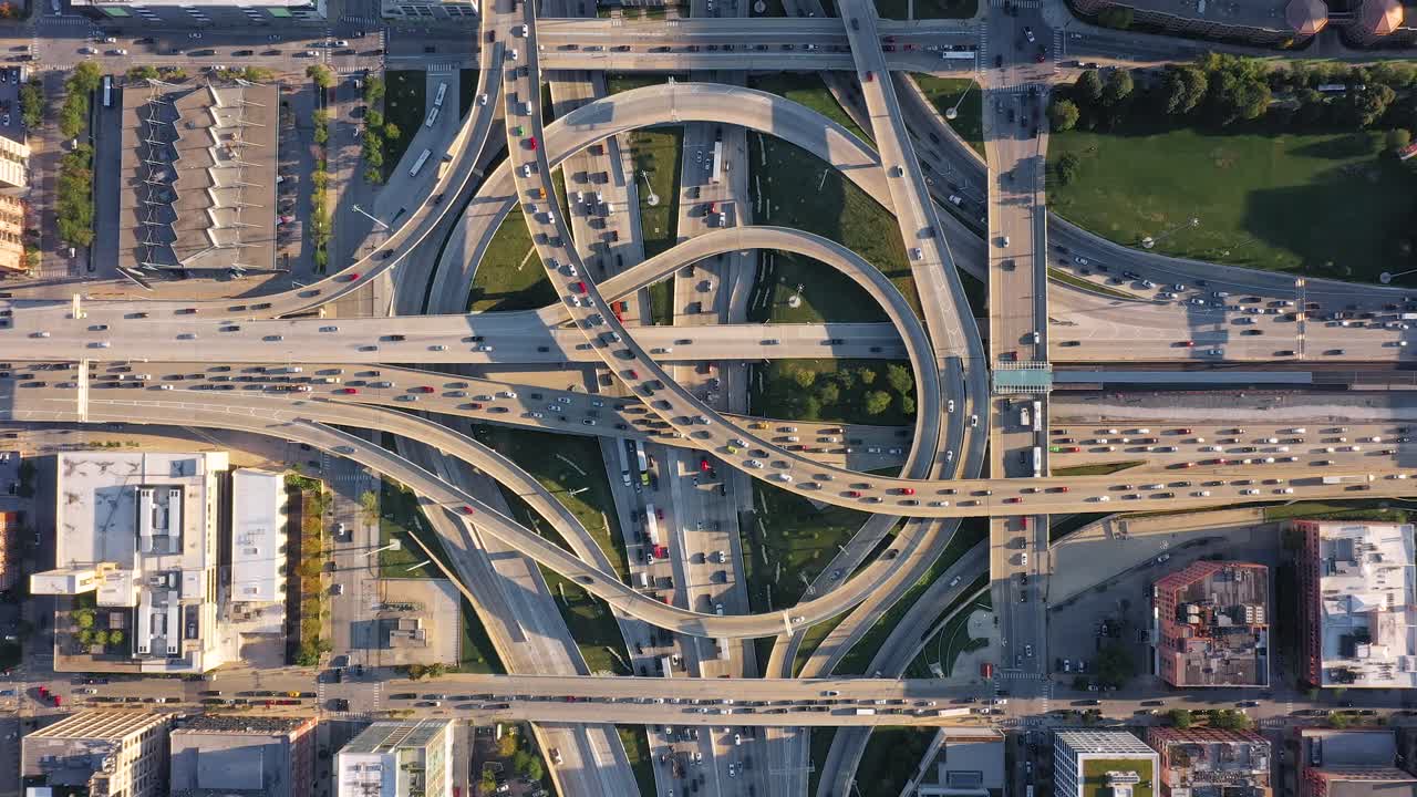 Chicago interchange aerial view during rush hour