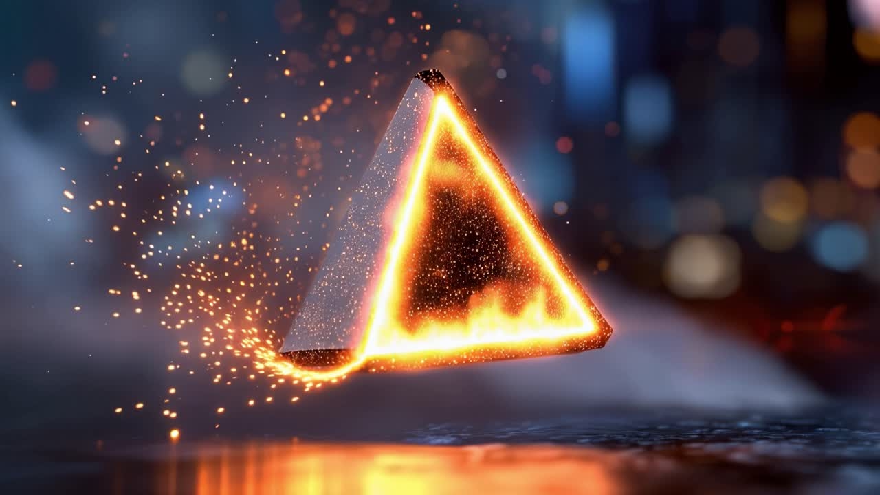 Fiery triangle glows, sparks fly, smoke curls. Dark surface reflects fire's warmth below. Urban lights blur in soft background haze. Dynamic motion suggests energy, mystery, transformation