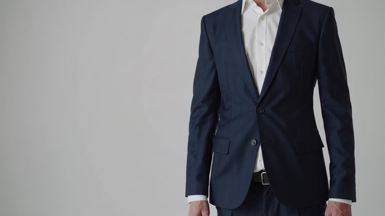 Close-up of a person in a dark suit and white shirt