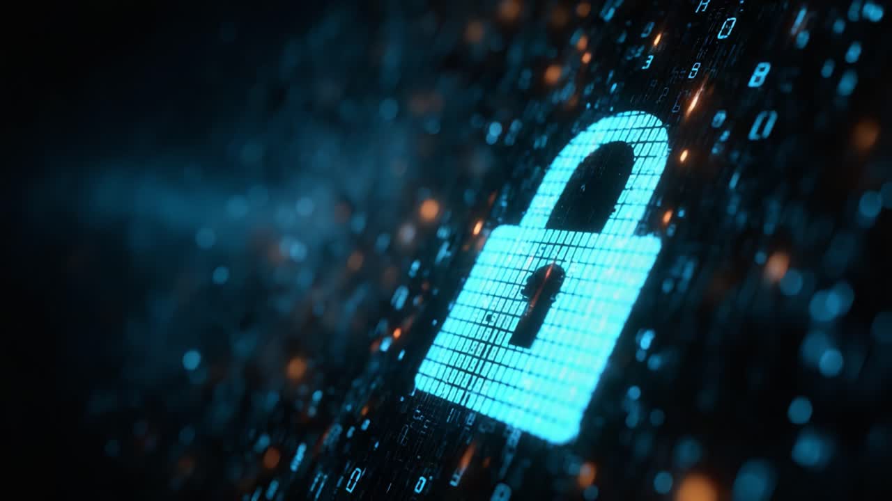 Exploring Digital Security: A Visual Representation of Data Protection Through Vibrant Binary Code and Iconic Padlock Imagery, Highlighting the Importance of Cybersecurity