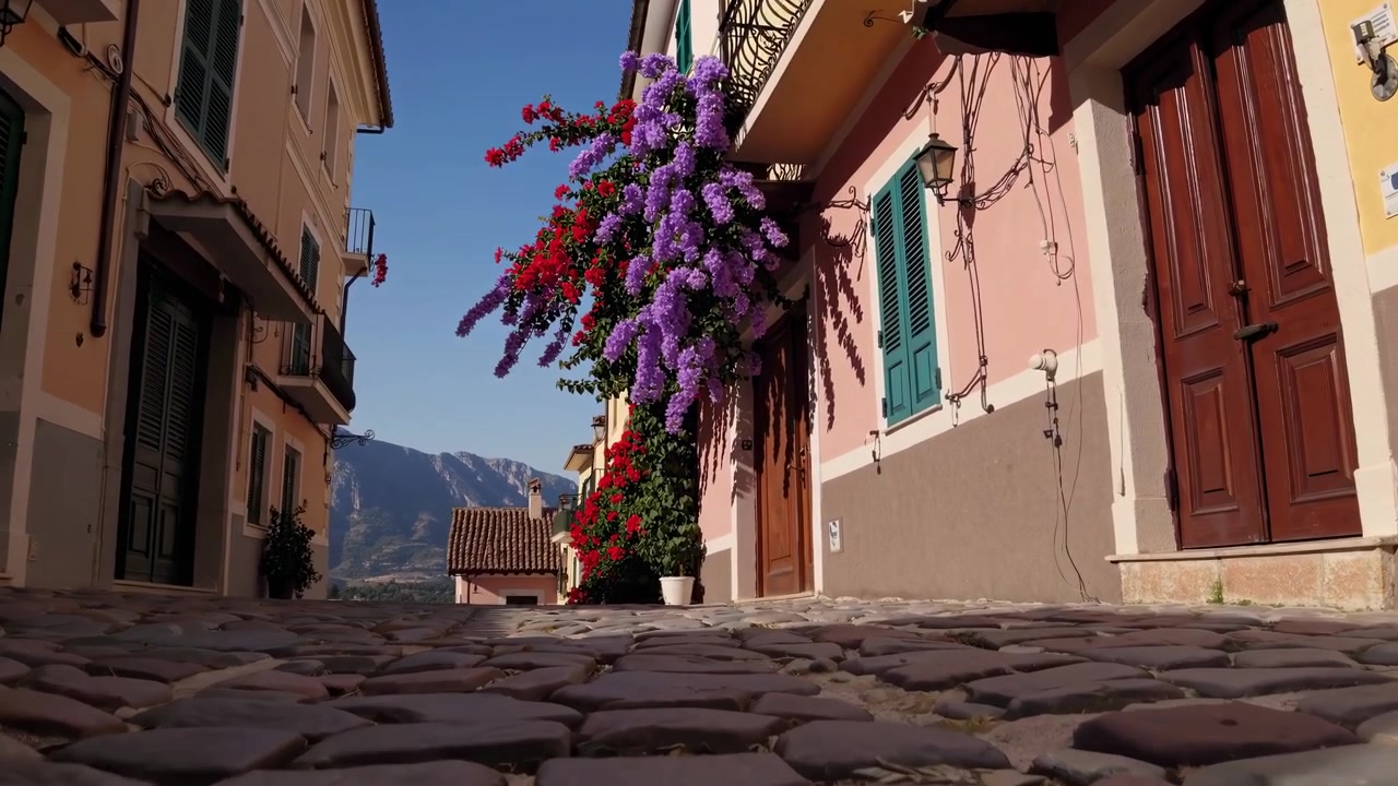 Encantadora calle adoquinada en un pueblo mediterráneo con buganvillas en flor