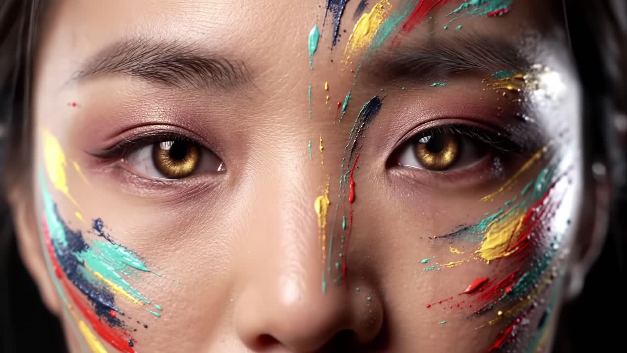 A Close-Up Exploration of Artistic Expression: A Portrait Capturing the Intricacy of Colorful Face Paint on a Person with Striking Eyes