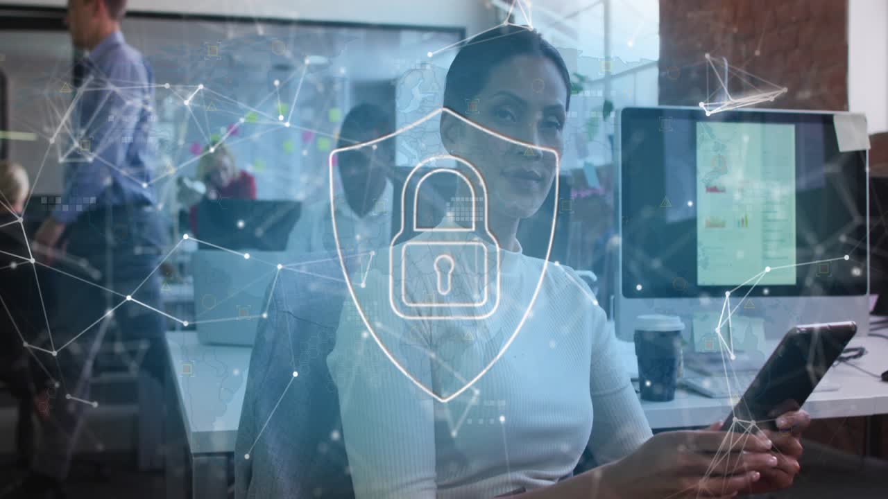 Woman tapping tablet, moving shield with padlock and network nodes overlaying chest securing data