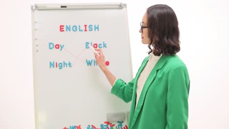 woman teaching english antonyms on a whiteboard