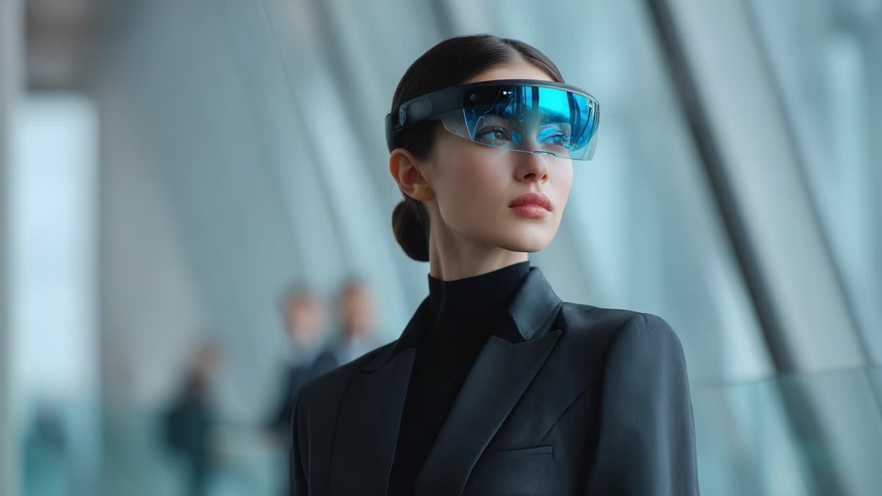 Captivating Portrait of a Stylish Woman in Smart Glasses, Exuding Confidence and Modern Aesthetics Against a Sleek, Contemporary Background