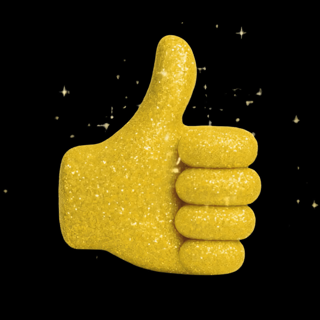 Golden Glitter Thumbs Up Emoji with Sparkles on Black Background