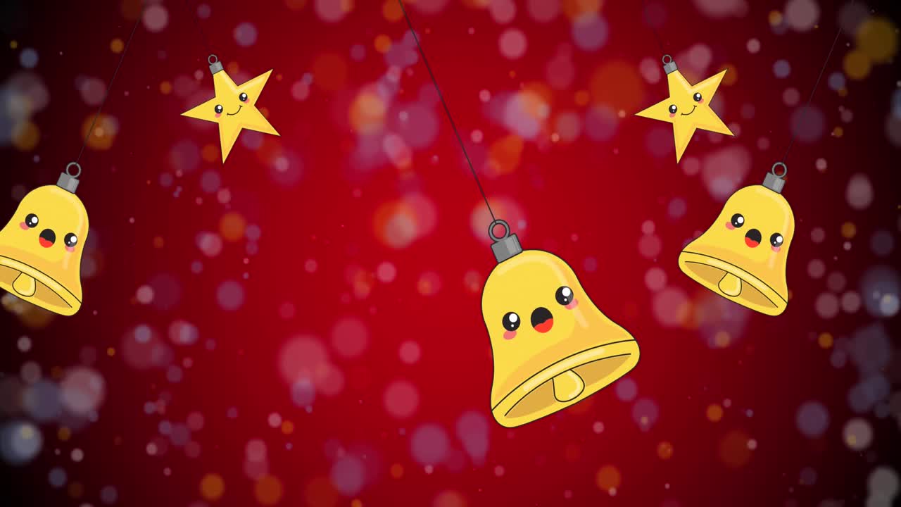 크리스마스 종과 별의 애니메이션 은 배경에 내리는 눈 위의 장식