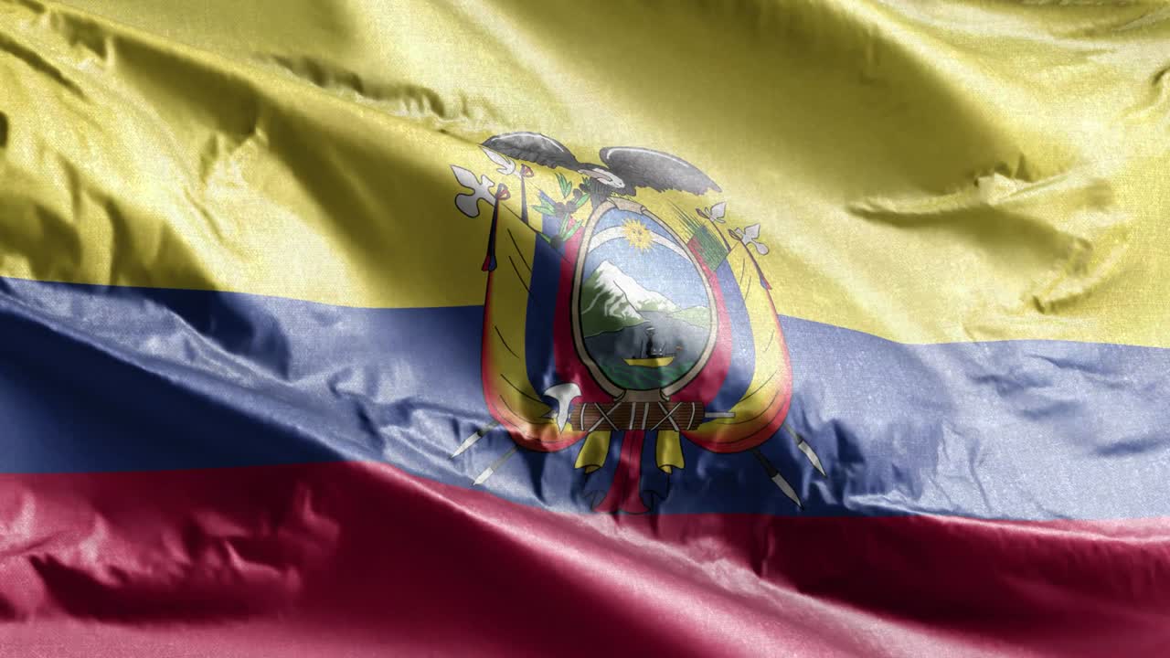 Ecuador textile flag waving on the wind loop. Ecuadorian banner swaying on the breeze. Fabric textile tissue. Full filling background. 10 seconds loop.