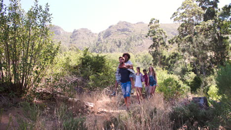 Five-friends-walking-on-a-forest-trail-past-the-camera