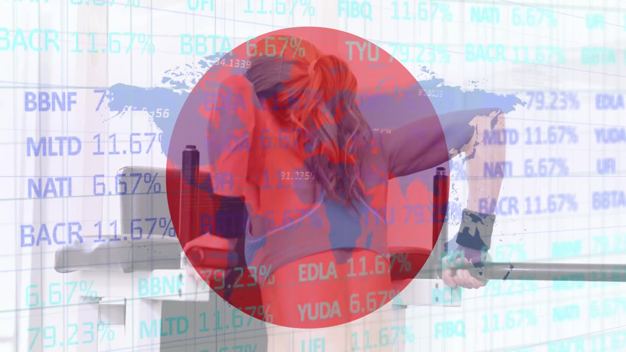 체육관에서 운동하는 백인 건강한 여성에 대한 주식 시장 데이터 처리 애니메이션