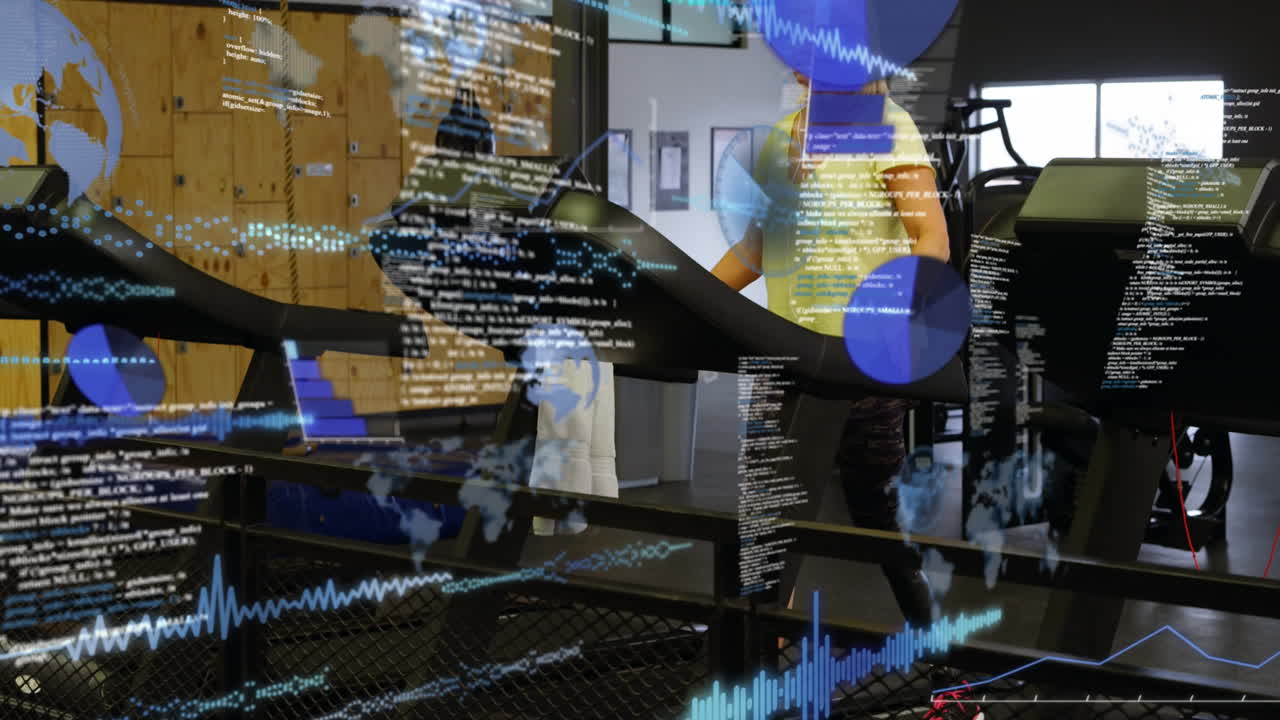 Animation of data processing over woman with artificial limb exercising in gym