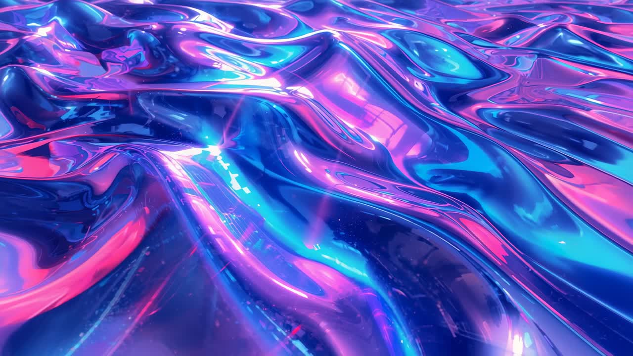 Rippling reflective fluid undulating under neon blue, pink lights from opening frame, creating flow