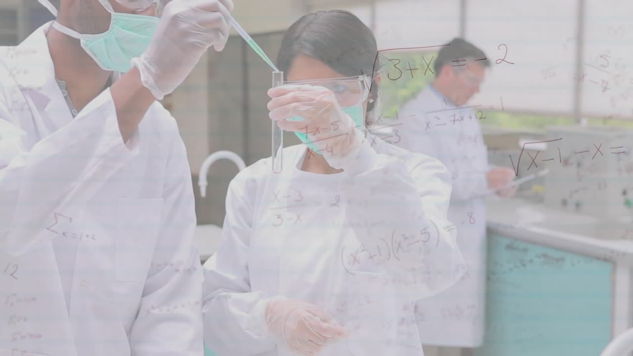 Masked tech lowering pipette, woman holding tube, adding green drop, math, 3rd noting, teaching lab