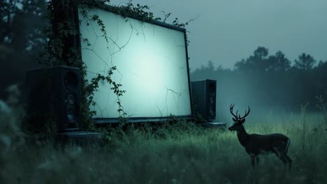 majestic deer approaches a vintage television set in a misty field with overgrown foliage