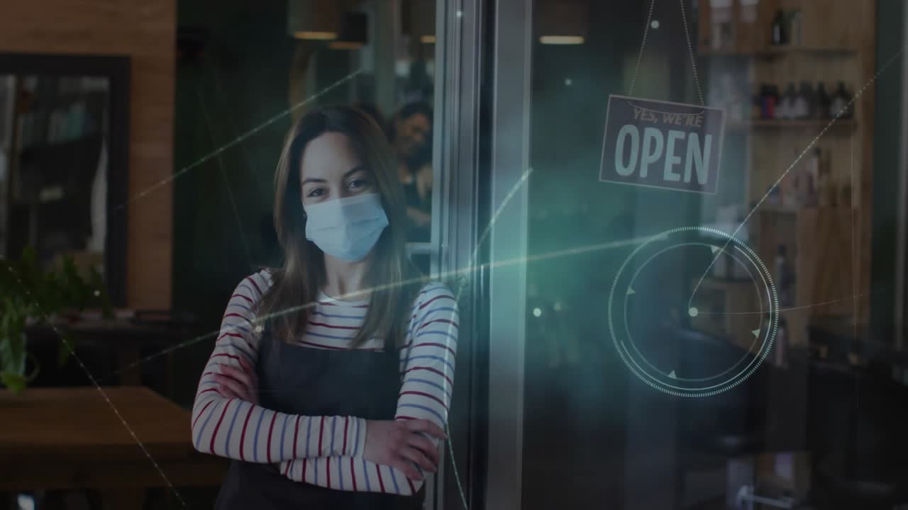Café owner opening door with OPEN sign as digital lines and orbs swirling, welcoming customers