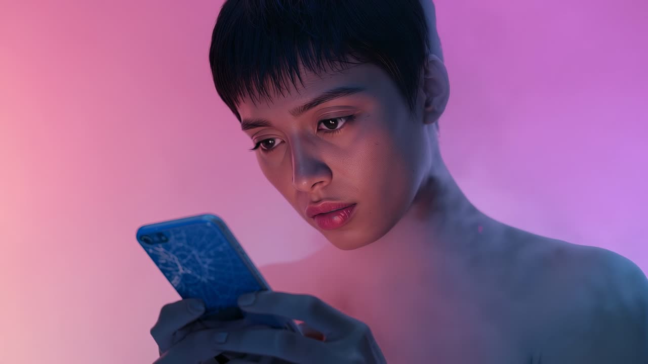 Modella asiatica che tocca uno smartphone rotto in studio, con nebbia colorata vorticante