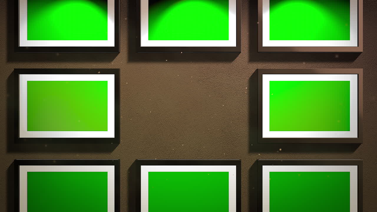 cámara de movimiento en galería de arte con imagen y marco moderno con fondo de arte de pantalla de maqueta verde 3