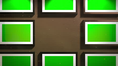 cámara de movimiento en galería de arte con imagen y marco moderno con fondo de arte de pantalla de maqueta verde 3