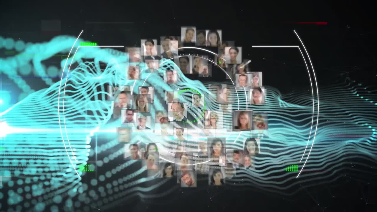 Animation of globe over scope scanning and people photographs network of connection