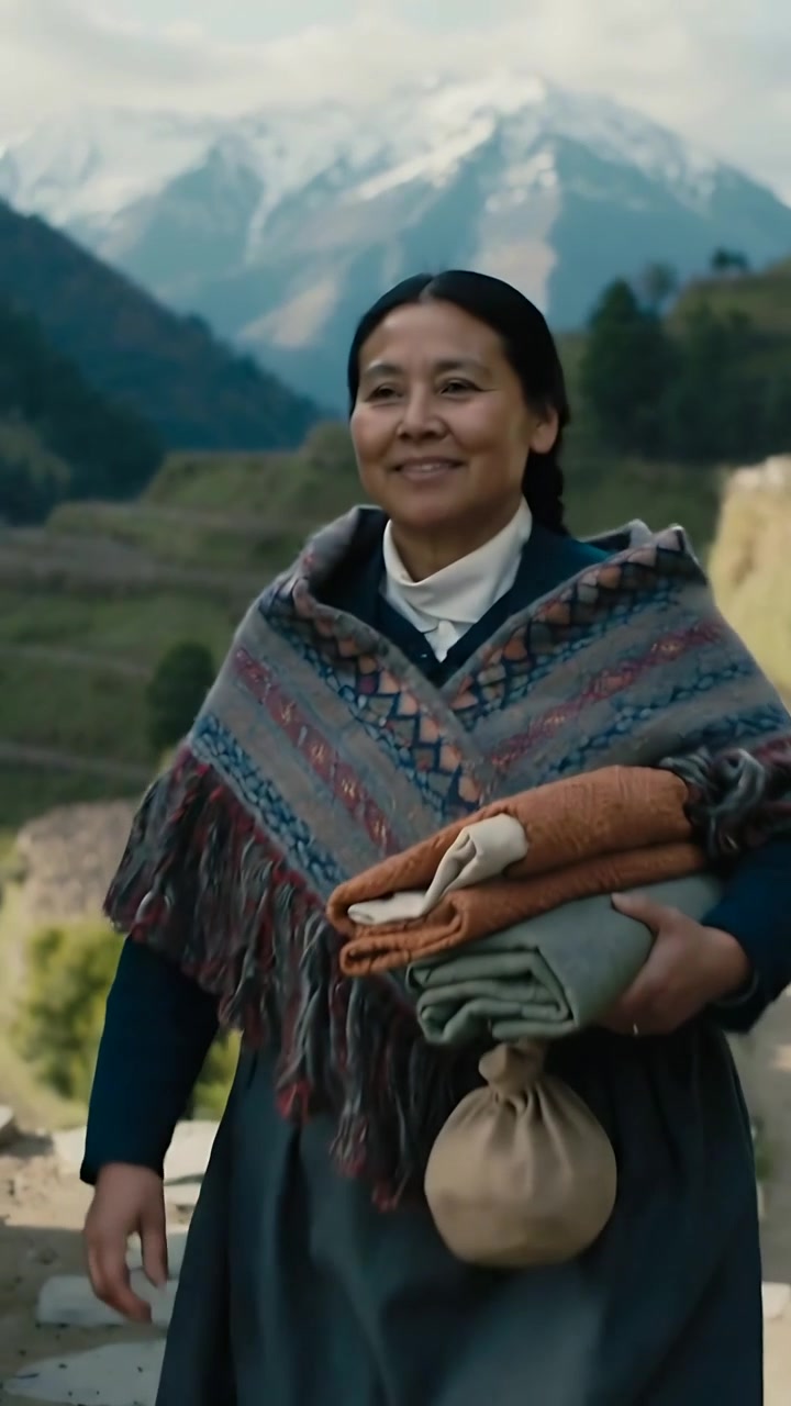 Vertical video: Walking Andean woman in shawl holding cloths and pot on terrace path camera closing