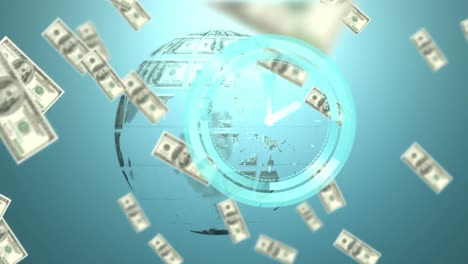 animation of moving clock and dollar bills falling over globe on blue background