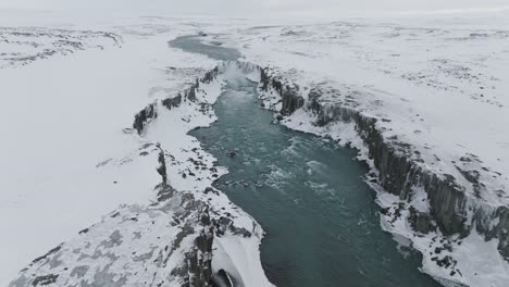 Breathtaking-Aerial-of-Dettifoss-Waterfall-in-Vatnajokull,-Iceland