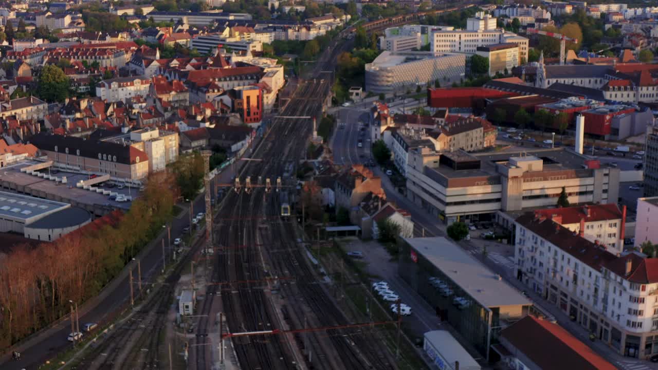 Drone zoom in on Train on rail tracks Stock HD 30p