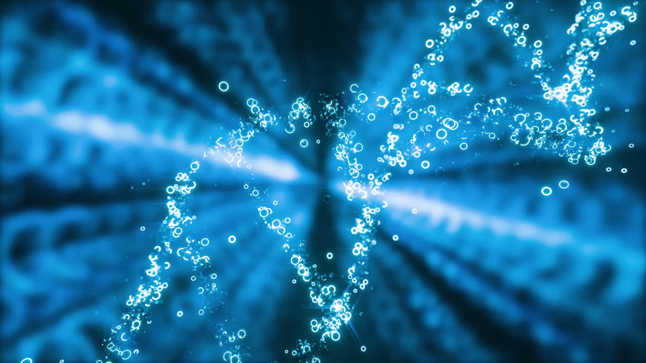 Neon glowing color DNA floating from gene against dark background, 3d animation zoom in