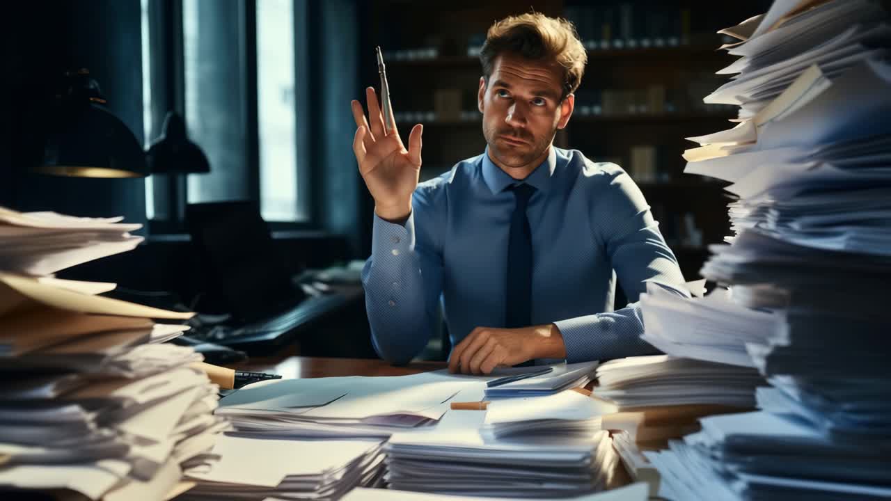 A focused man in an office, surrounded by towering stacks of papers