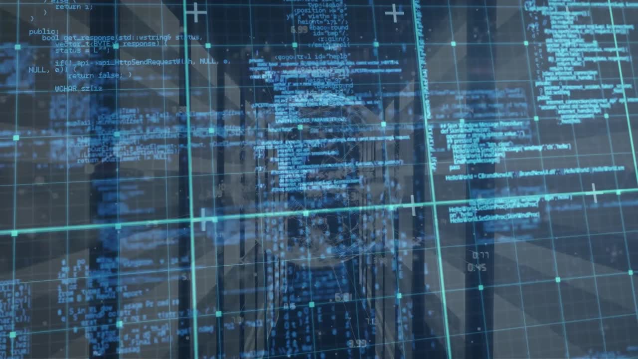 animación del procesamiento de datos en azul sobre los servidores