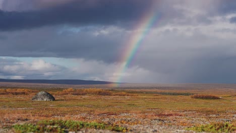 a colourful rainbow above the stark nordic landscape