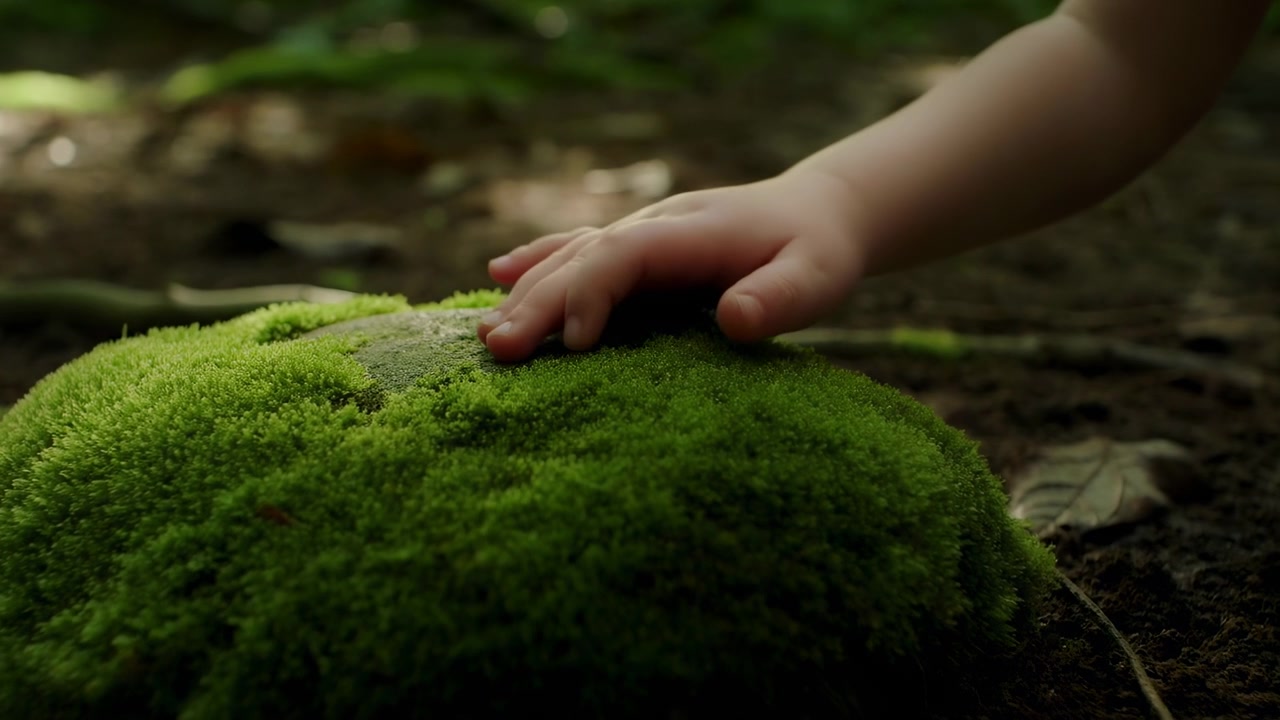 赤ちゃんの手が苔むした森の地面に触れる、柔らかい緑のクッション、湿った土、木漏れ日、親密なクローズアップ