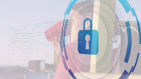 using binoculars outdoors, person viewing digital security lock animation overlay