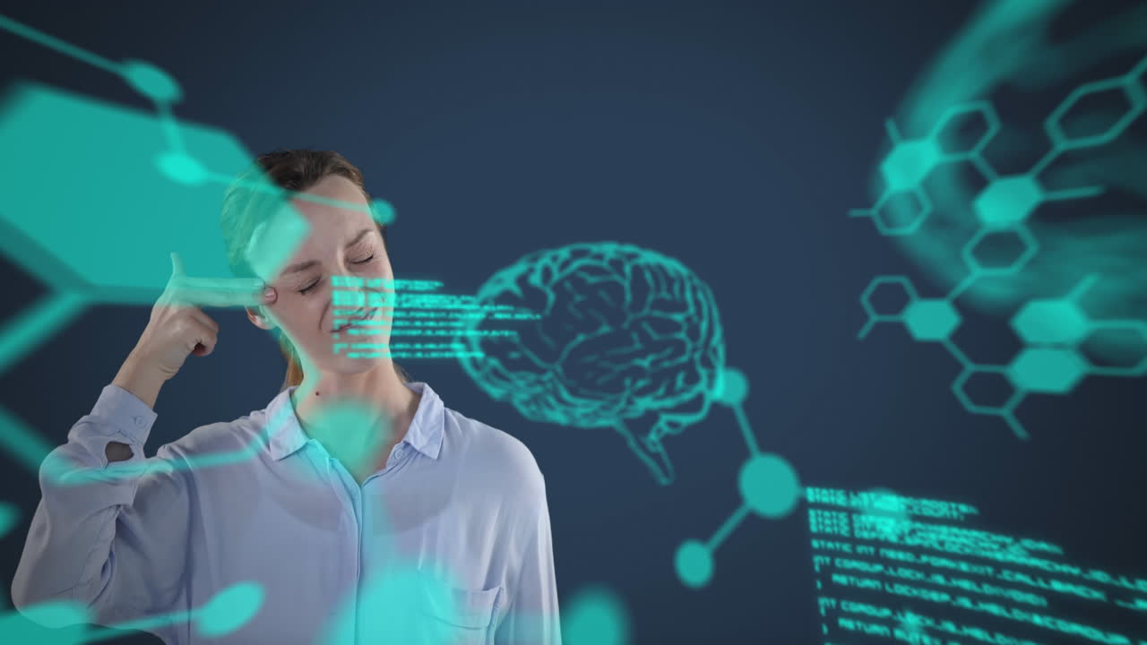 animación de una mujer caucásica furiosa con cerebro azul claro y íconos de fórmulas moleculares flotando