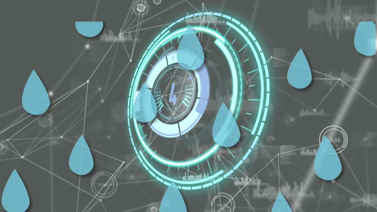 물방울과 연결 네트워크에 대한 카운트다운과 함께 범위 스캐닝의 애니메이션