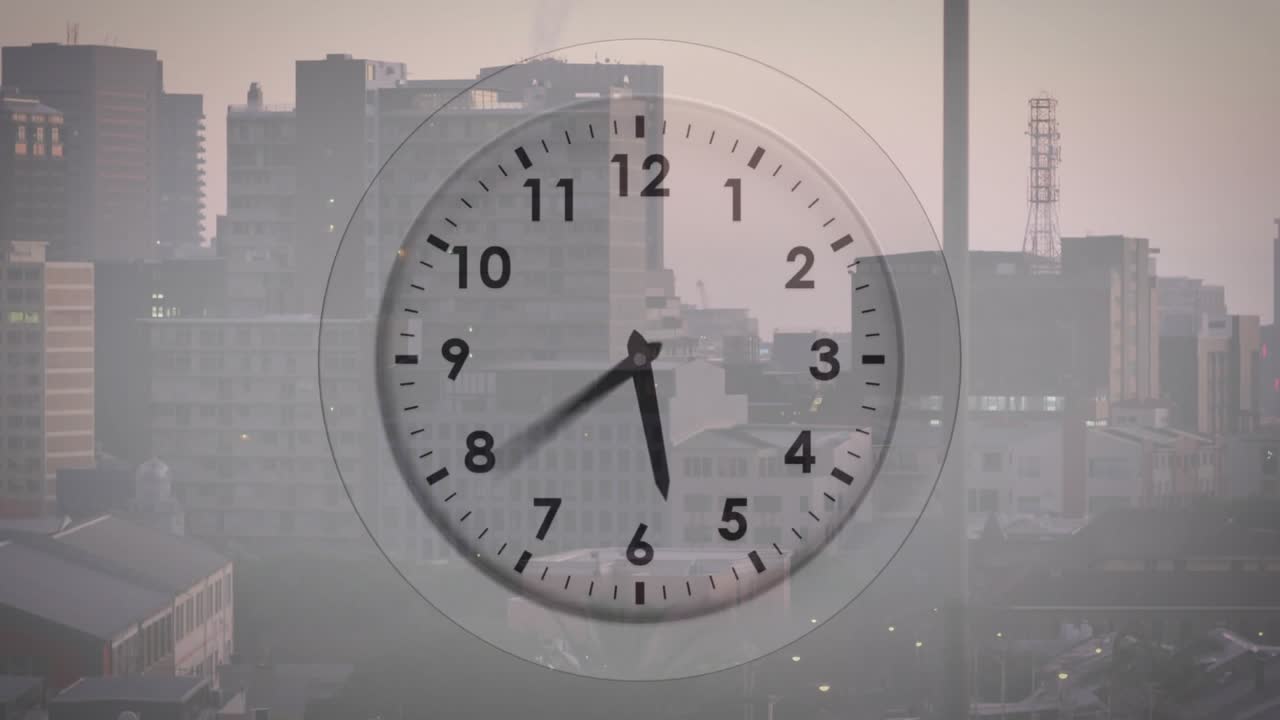 Clock overlay appearing over hazy city skyline at dawn, hands moving to show time progression