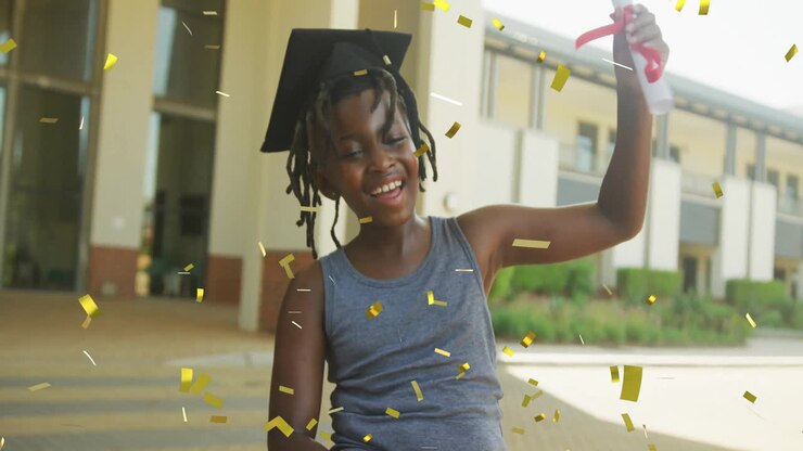 Animation of gold confetti over happy african american schoolboy with diploma wearing mortarboard