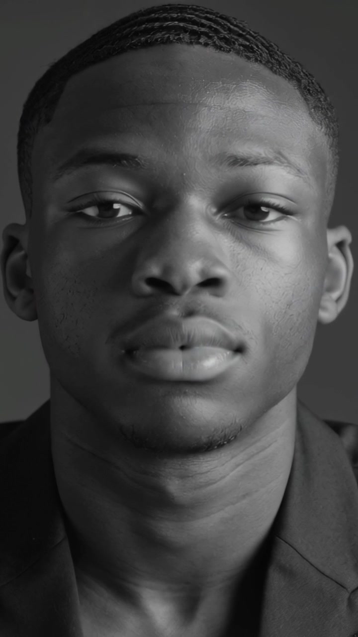 Vertical video: Recording man blinking, nodding, moving lips, posing for studio portrait, blazer