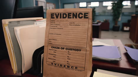 evidence bag on a police officer desk at the station