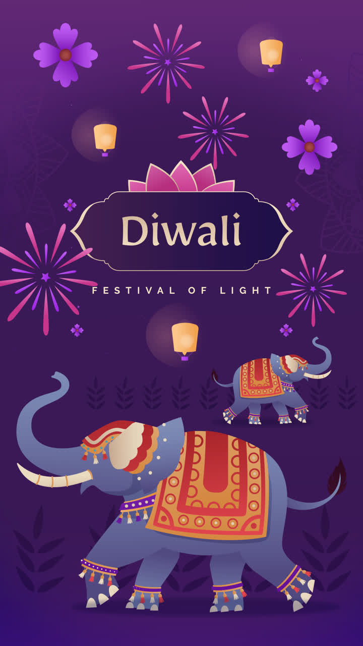 An animation of Gradient background for diwali festival celebration with elephants and lanterns
